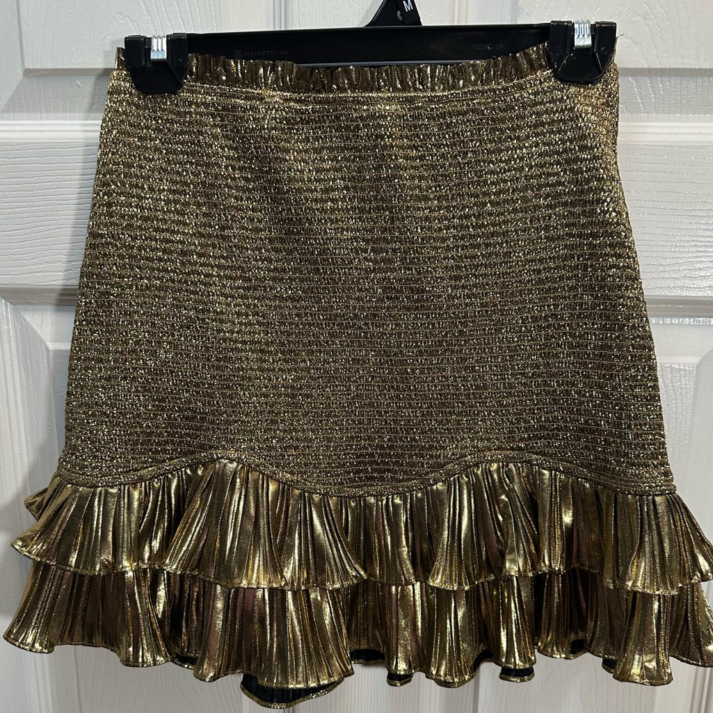 Loveshackfancy Metallic Gold Ruffle Mini Skirt